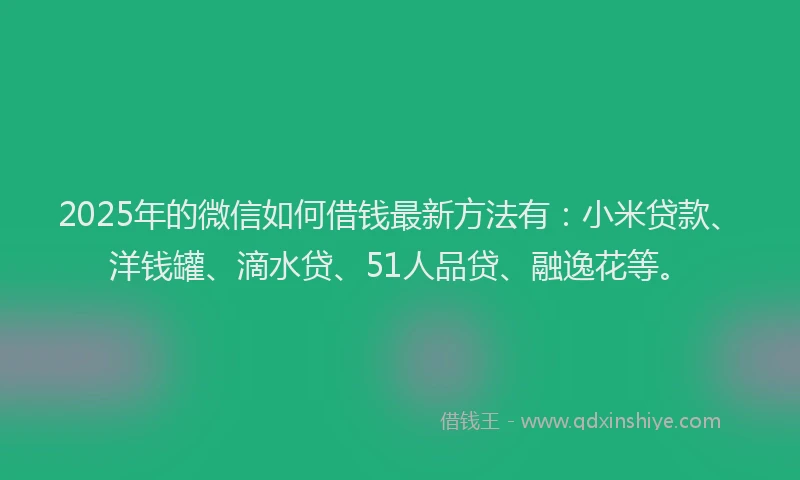 2025年的微信如何借钱最新方法有：小米贷款、洋钱罐、滴水贷、51人品贷、融逸花等。