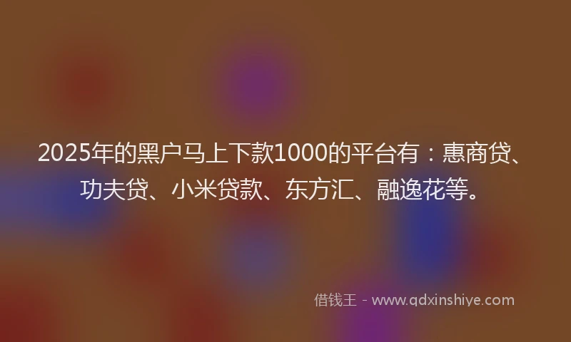 2025年的黑户马上下款1000的平台有：惠商贷、功夫贷、小米贷款、东方汇、融逸花等。