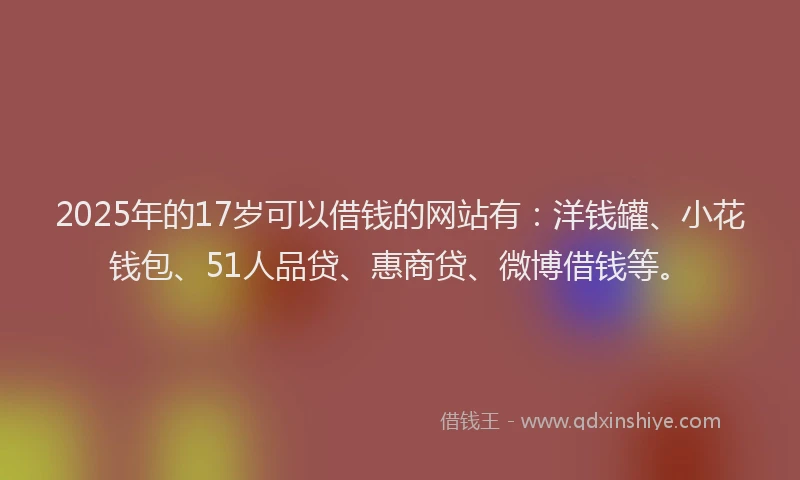 2025年的17岁可以借钱的网站有：洋钱罐、小花钱包、51人品贷、惠商贷、微博借钱等。