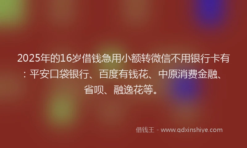 2025年的16岁借钱急用小额转微信不用银行卡有：平安口袋银行、百度有钱花、中原消费金融、省呗、融逸花等。