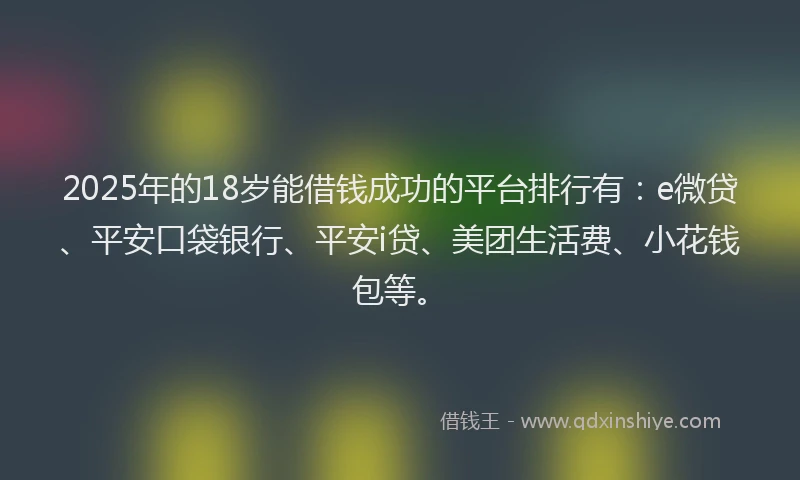 2025年的18岁能借钱成功的平台排行有：e微贷、平安口袋银行、平安i贷、美团生活费、小花钱包等。