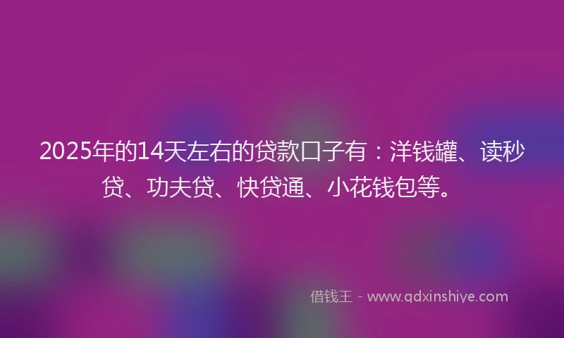 2025年的14天左右的贷款口子有：洋钱罐、读秒贷、功夫贷、快贷通、小花钱包等。