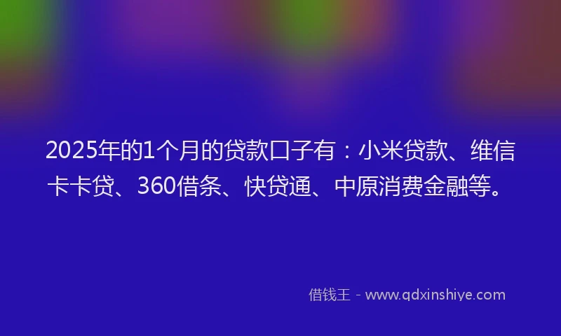 2025年的1个月的贷款口子有：小米贷款、维信卡卡贷、360借条、快贷通、中原消费金融等。