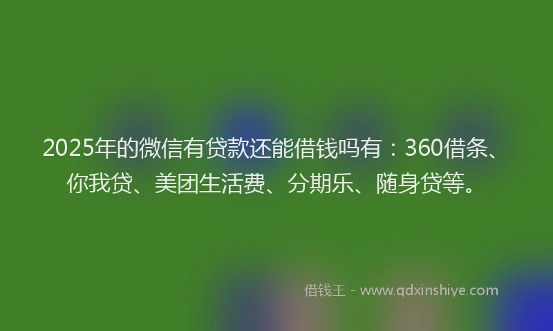 2025年的微信有贷款还能借钱吗有：360借条、你我贷、美团生活费、分期乐、随身贷等。