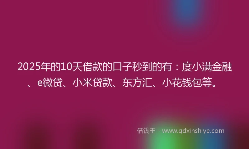 2025年的10天借款的口子秒到的有：度小满金融、e微贷、小米贷款、东方汇、小花钱包等。