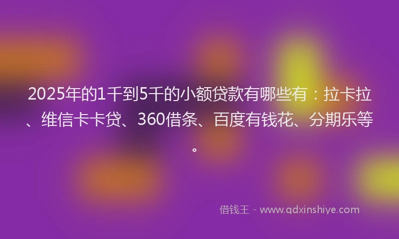 2025年的1千到5千的小额贷款有哪些有：拉卡拉、维信卡卡贷、360借条、百度有钱花、分期乐等。
