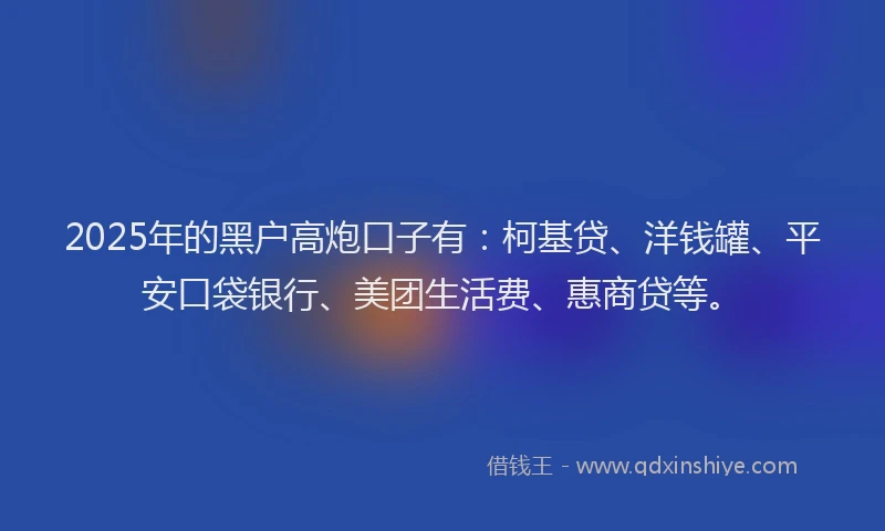 2025年的黑户高炮口子有：柯基贷、洋钱罐、平安口袋银行、美团生活费、惠商贷等。