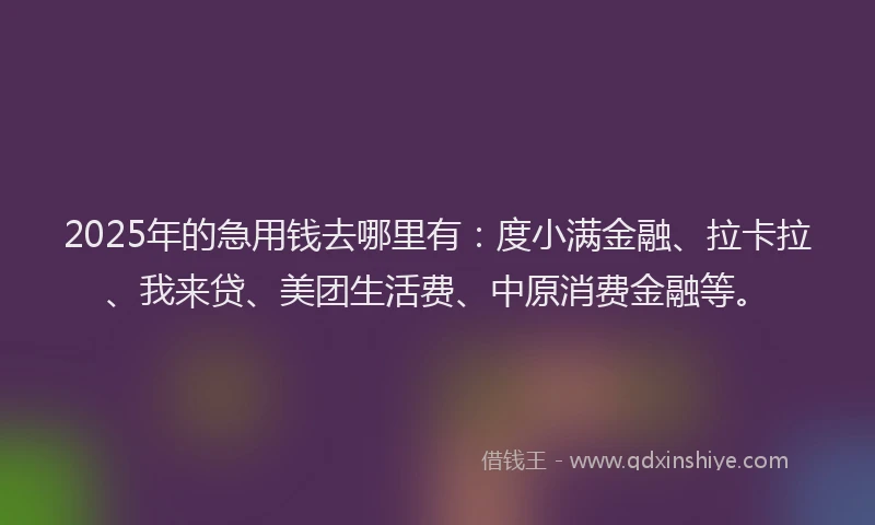 2025年的急用钱去哪里有：度小满金融、拉卡拉、我来贷、美团生活费、中原消费金融等。
