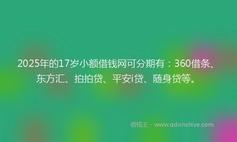 2025年的17岁小额借钱网可分期有：360借条、东方汇、拍拍贷、平安i贷、随身贷等。