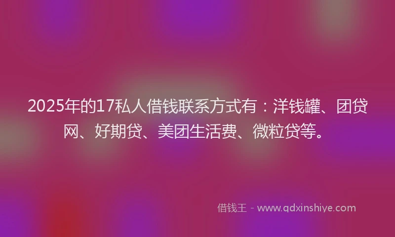 2025年的17私人借钱联系方式有：洋钱罐、团贷网、好期贷、美团生活费、微粒贷等。