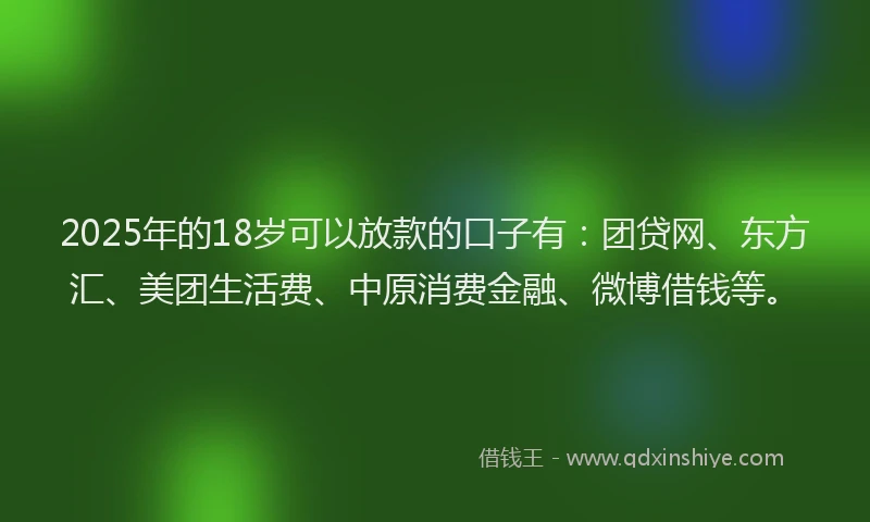 2025年的18岁可以放款的口子有：团贷网、东方汇、美团生活费、中原消费金融、微博借钱等。