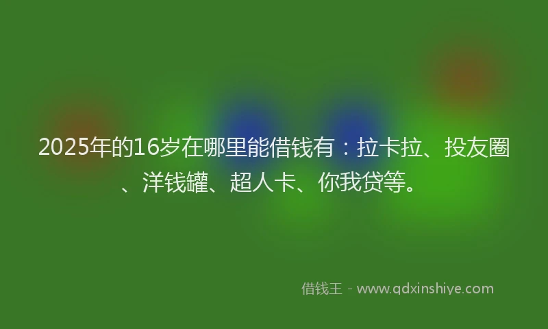 2025年的16岁在哪里能借钱有：拉卡拉、投友圈、洋钱罐、超人卡、你我贷等。