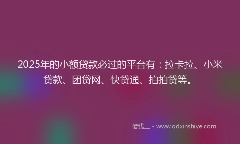 2025年的小额贷款必过的平台有：拉卡拉、小米贷款、团贷网、快贷通、拍拍贷等。