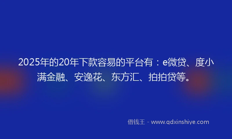 2025年的20年下款容易的平台有：e微贷、度小满金融、安逸花、东方汇、拍拍贷等。