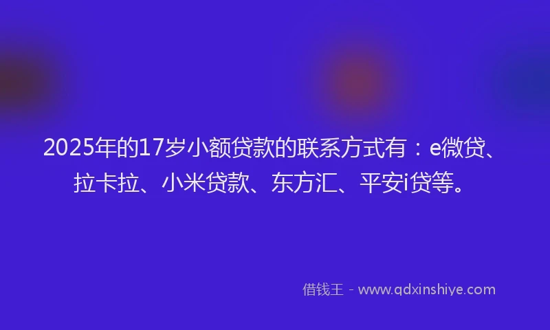2025年的17岁小额贷款的联系方式有：e微贷、拉卡拉、小米贷款、东方汇、平安i贷等。