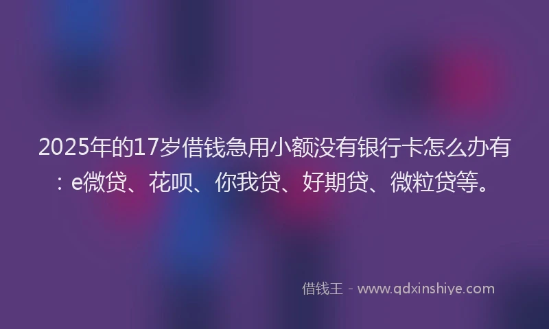 2025年的17岁借钱急用小额没有银行卡怎么办有：e微贷、花呗、你我贷、好期贷、微粒贷等。