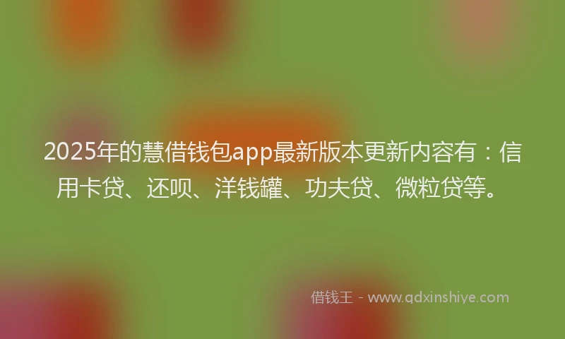 2025年的慧借钱包app最新版本更新内容有：信用卡贷、还呗、洋钱罐、功夫贷、微粒贷等。