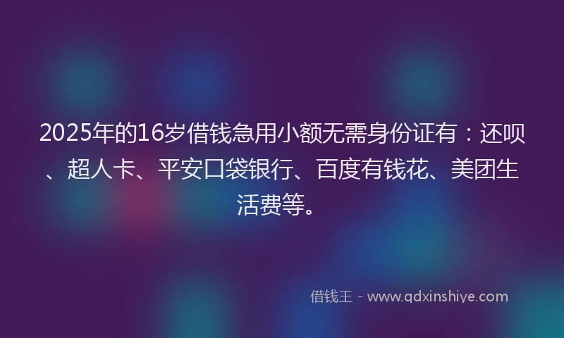 2025年的16岁借钱急用小额无需身份证有：还呗、超人卡、平安口袋银行、百度有钱花、美团生活费等。