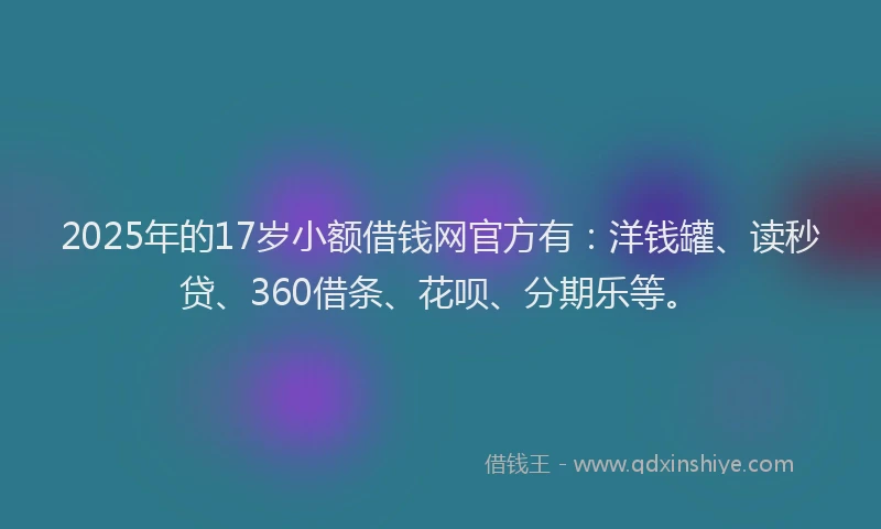 2025年的17岁小额借钱网官方有：洋钱罐、读秒贷、360借条、花呗、分期乐等。