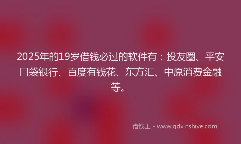 2025年的19岁借钱必过的软件有：投友圈、平安口袋银行、百度有钱花、东方汇、中原消费金融等。