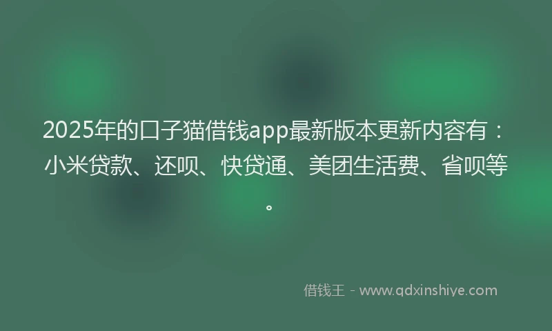 2025年的口子猫借钱app最新版本更新内容有：小米贷款、还呗、快贷通、美团生活费、省呗等。