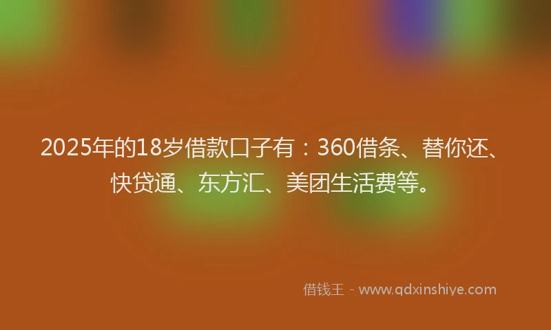 2025年的18岁借款口子有：360借条、替你还、快贷通、东方汇、美团生活费等。