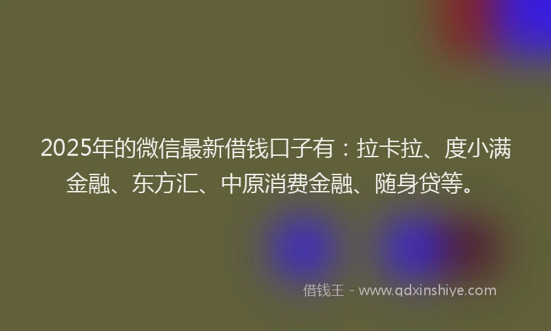 2025年的微信最新借钱口子有：拉卡拉、度小满金融、东方汇、中原消费金融、随身贷等。