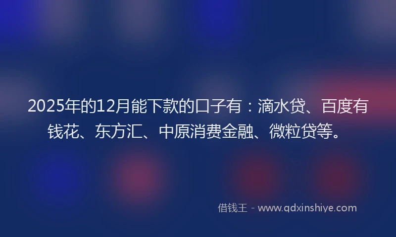 2025年的12月能下款的口子有：滴水贷、百度有钱花、东方汇、中原消费金融、微粒贷等。