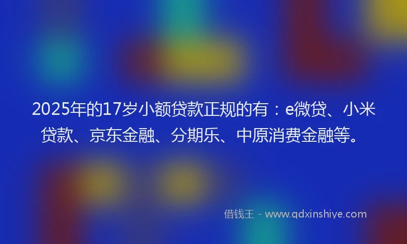 2025年的17岁小额贷款正规的有：e微贷、小米贷款、京东金融、分期乐、中原消费金融等。