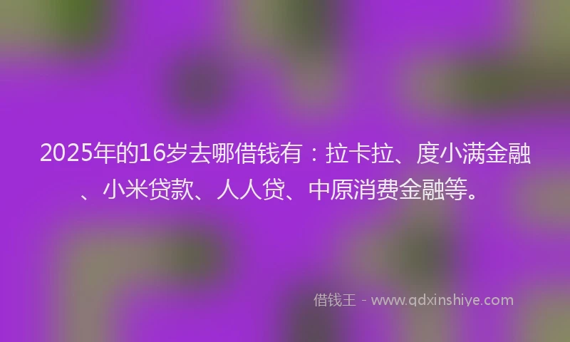2025年的16岁去哪借钱有：拉卡拉、度小满金融、小米贷款、人人贷、中原消费金融等。
