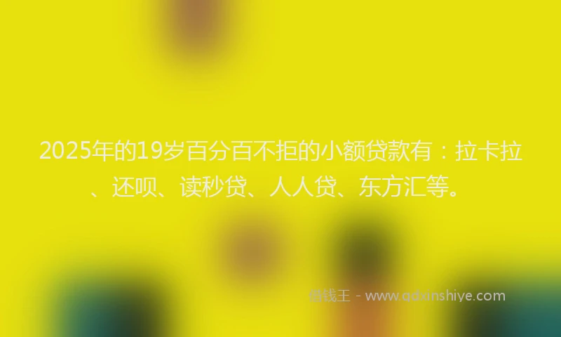 2025年的19岁百分百不拒的小额贷款有：拉卡拉、还呗、读秒贷、人人贷、东方汇等。