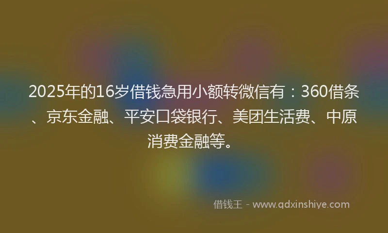 2025年的16岁借钱急用小额转微信有：360借条、京东金融、平安口袋银行、美团生活费、中原消费金融等。