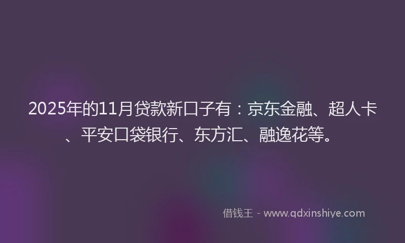 2025年的11月贷款新口子有：京东金融、超人卡、平安口袋银行、东方汇、融逸花等。