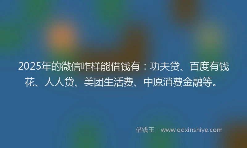 2025年的微信咋样能借钱有：功夫贷、百度有钱花、人人贷、美团生活费、中原消费金融等。