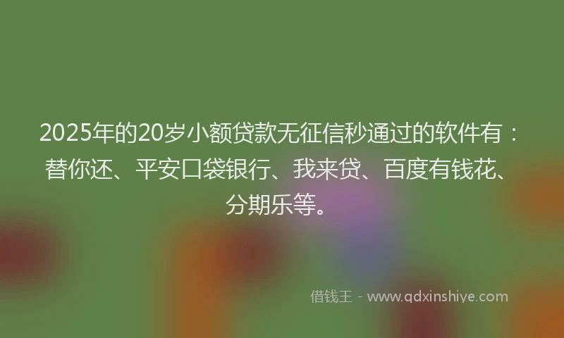 2025年的20岁小额贷款无征信秒通过的软件有：替你还、平安口袋银行、我来贷、百度有钱花、分期乐等。