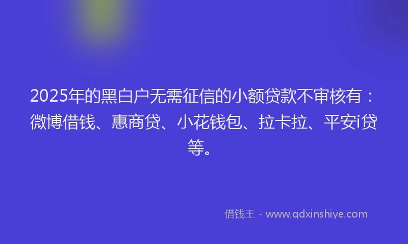 2025年的黑白户无需征信的小额贷款不审核有：微博借钱、惠商贷、小花钱包、拉卡拉、平安i贷等。