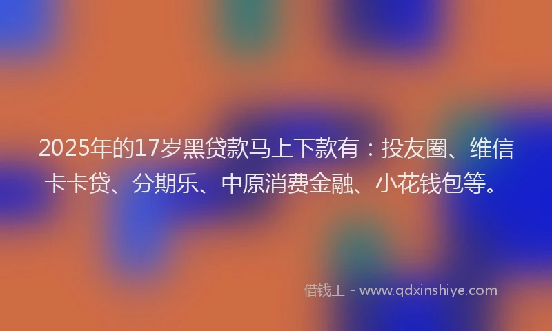 2025年的17岁黑贷款马上下款有：投友圈、维信卡卡贷、分期乐、中原消费金融、小花钱包等。