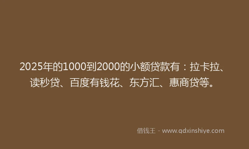 2025年的1000到2000的小额贷款有：拉卡拉、读秒贷、百度有钱花、东方汇、惠商贷等。