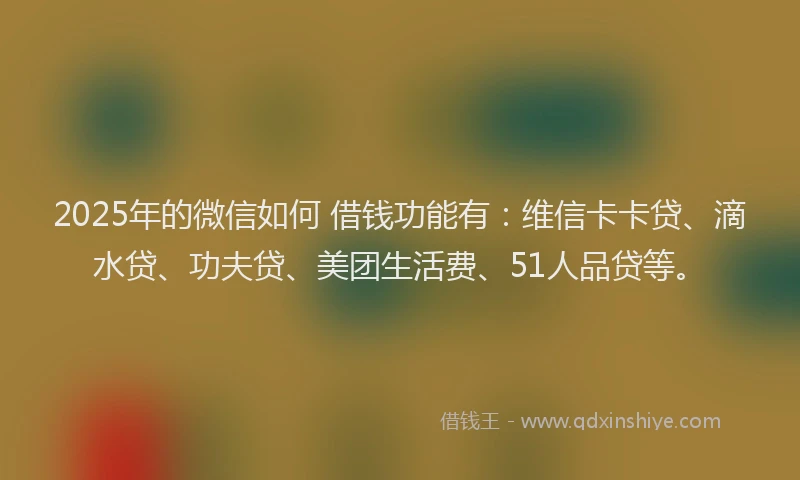 2025年的微信如何 借钱功能有：维信卡卡贷、滴水贷、功夫贷、美团生活费、51人品贷等。