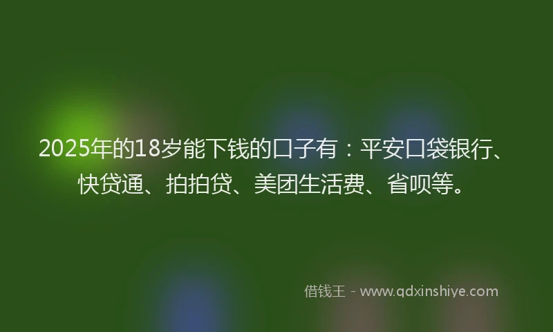2025年的18岁能下钱的口子有：平安口袋银行、快贷通、拍拍贷、美团生活费、省呗等。