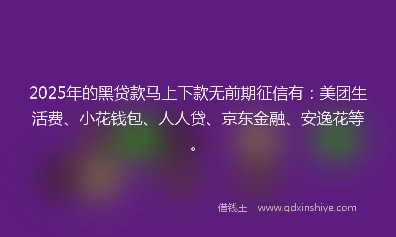 2025年的黑贷款马上下款无前期征信有：美团生活费、小花钱包、人人贷、京东金融、安逸花等。