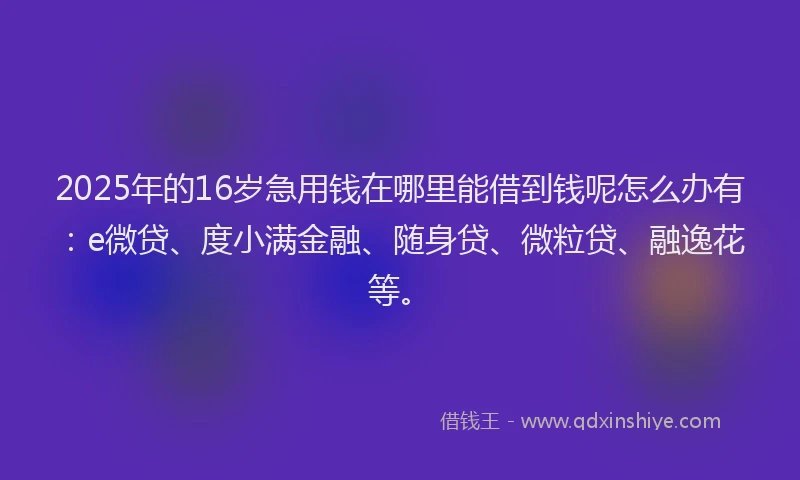 2025年的16岁急用钱在哪里能借到钱呢怎么办有:e微贷、度小满金融、随身贷、微粒贷、融逸花等。