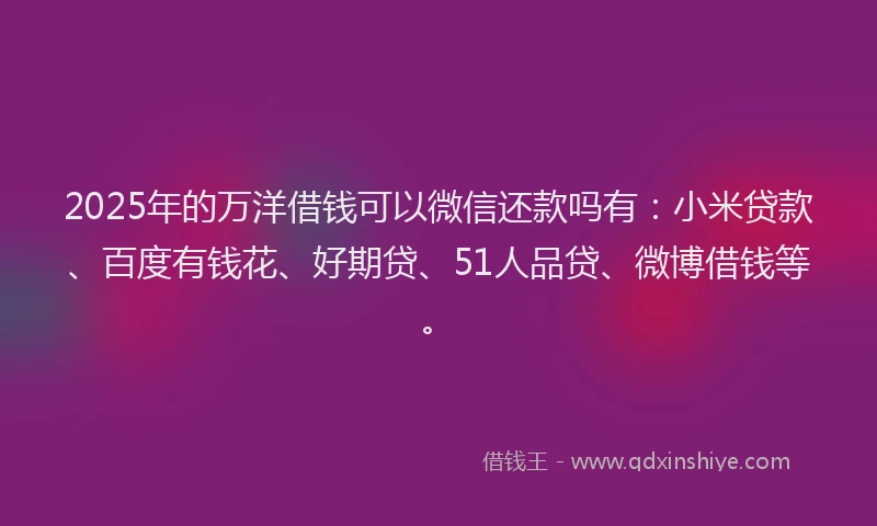 2025年的万洋借钱可以微信还款吗有：小米贷款、百度有钱花、好期贷、51人品贷、微博借钱等。