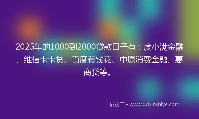 2025年的1000到2000贷款口子有：度小满金融、维信卡卡贷、百度有钱花、中原消费金融、惠商贷等。