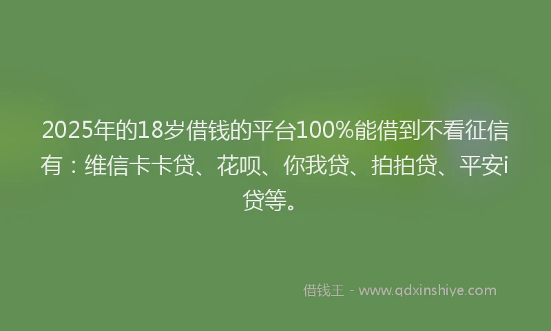 2025年的18岁借钱的平台100%能借到不看征信有：维信卡卡贷、花呗、你我贷、拍拍贷、平安i贷等。