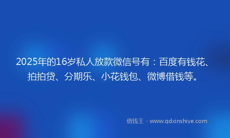 2025年的16岁私人放款微信号有：百度有钱花、拍拍贷、分期乐、小花钱包、微博借钱等。