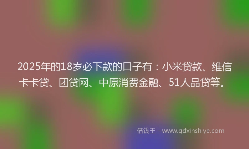 2025年的18岁必下款的口子有：小米贷款、维信卡卡贷、团贷网、中原消费金融、51人品贷等。