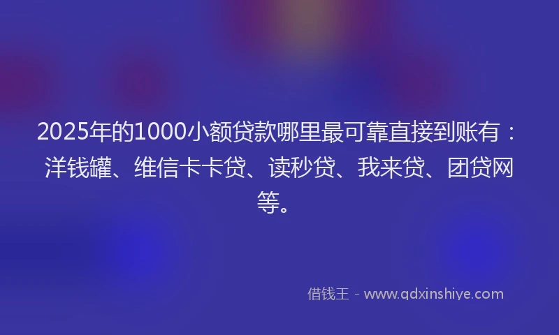 2025年的1000小额贷款哪里最可靠直接到账有：洋钱罐、维信卡卡贷、读秒贷、我来贷、团贷网等。