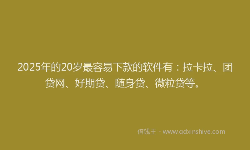 2025年的20岁最容易下款的软件有：拉卡拉、团贷网、好期贷、随身贷、微粒贷等。