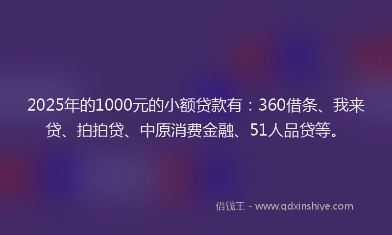 2025年的1000元的小额贷款有：360借条、我来贷、拍拍贷、中原消费金融、51人品贷等。